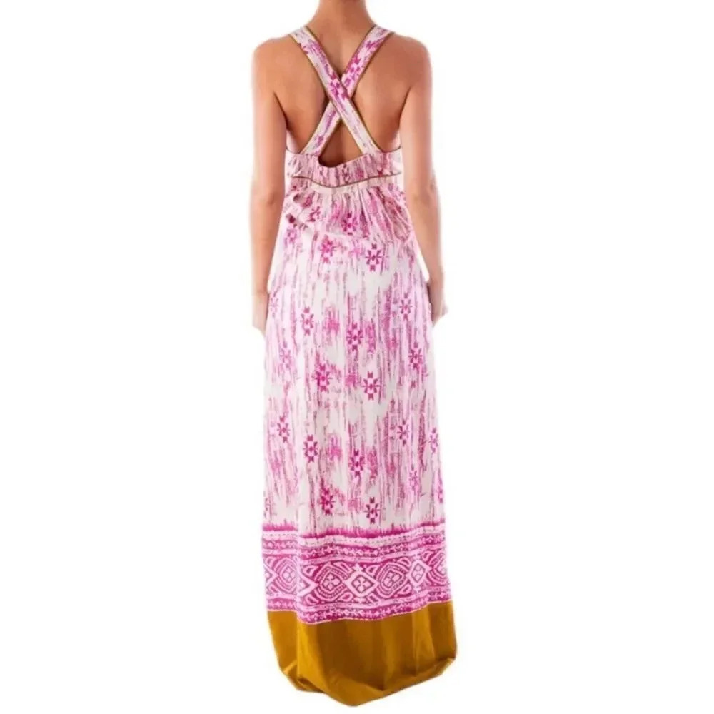Ann Taylor LOFT 100% Silk Dress Abstract Ikat Pattern Long Maxi Dress Size 4 - Picture 2 of 7
